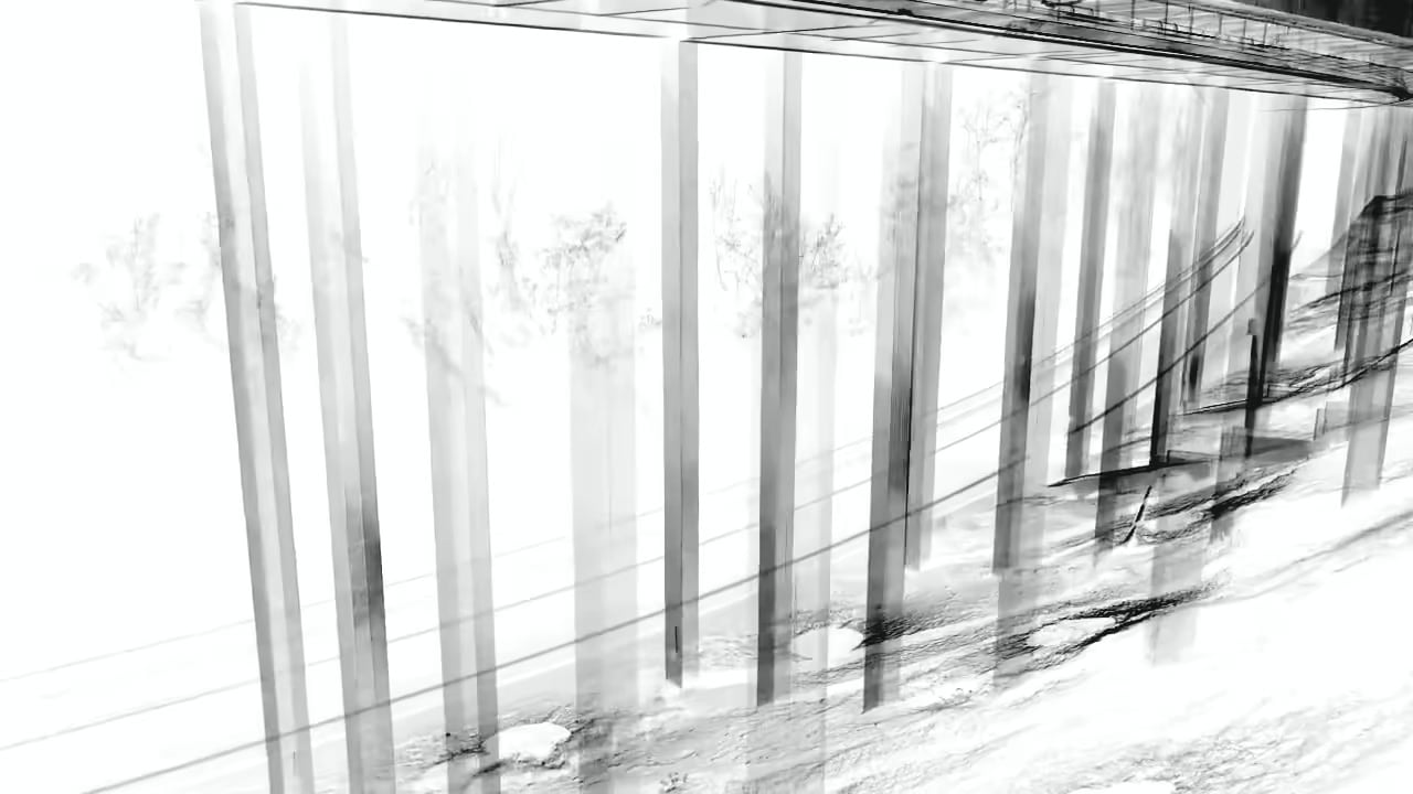 Pencil-style drawing of a viaduct from a laser-scanner point cloud: slender piers beneath the deck on a sloping hillside