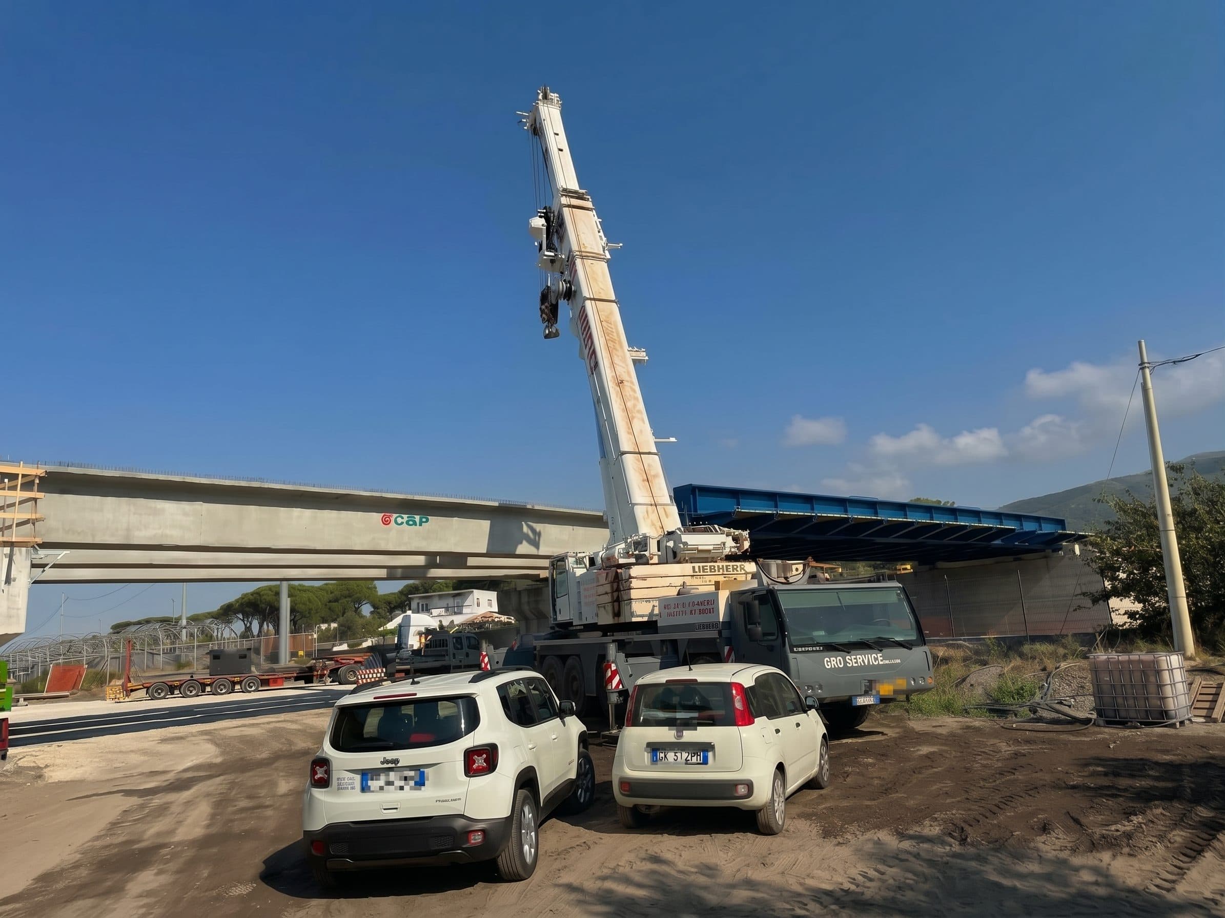 Autogru accanto alle travi dell’impalcato ultimate, con mezzi di cantiere parcheggiati davanti