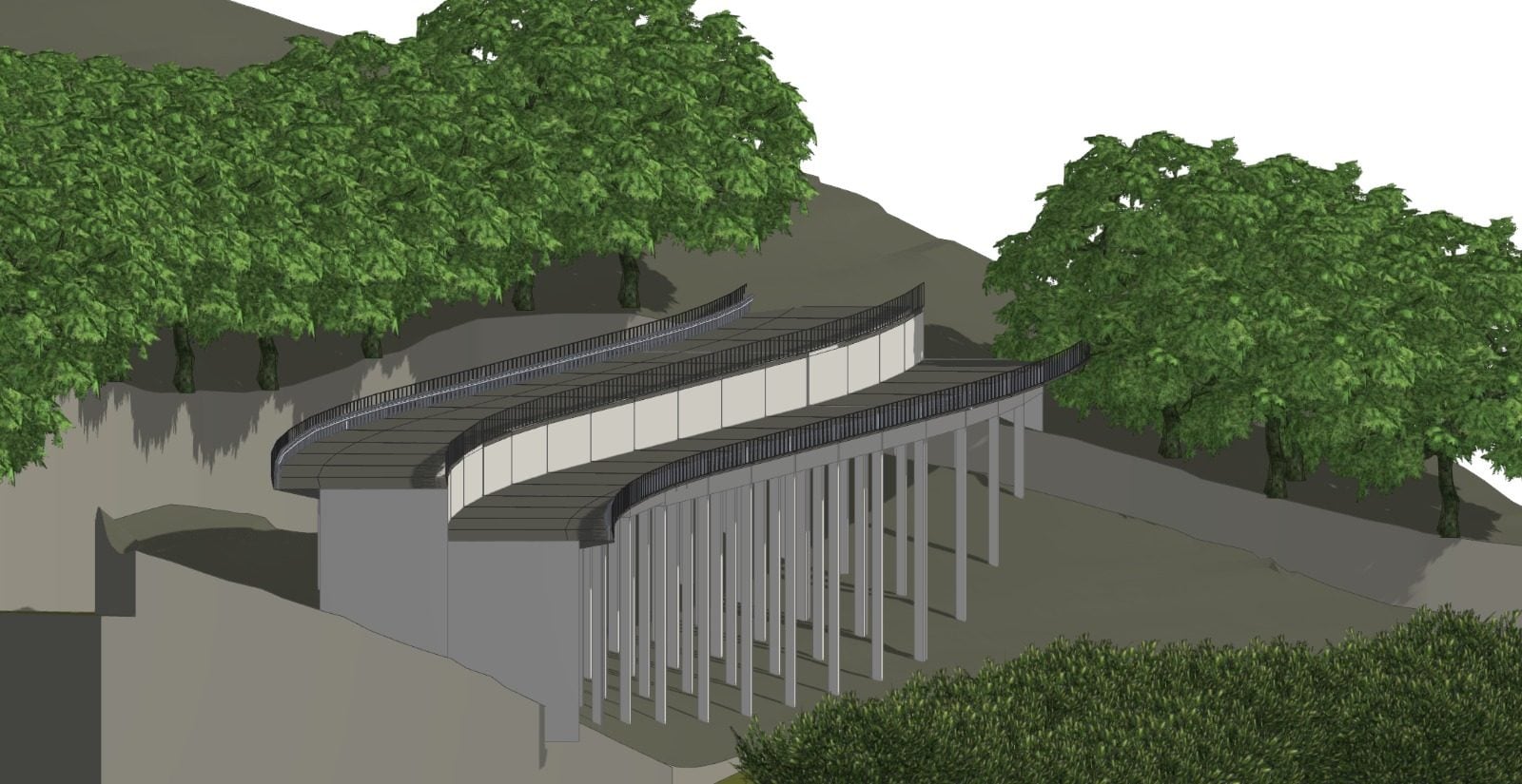 Modello tridimensionale di un viadotto in curva su pile snelle, inserito in un versante boscato